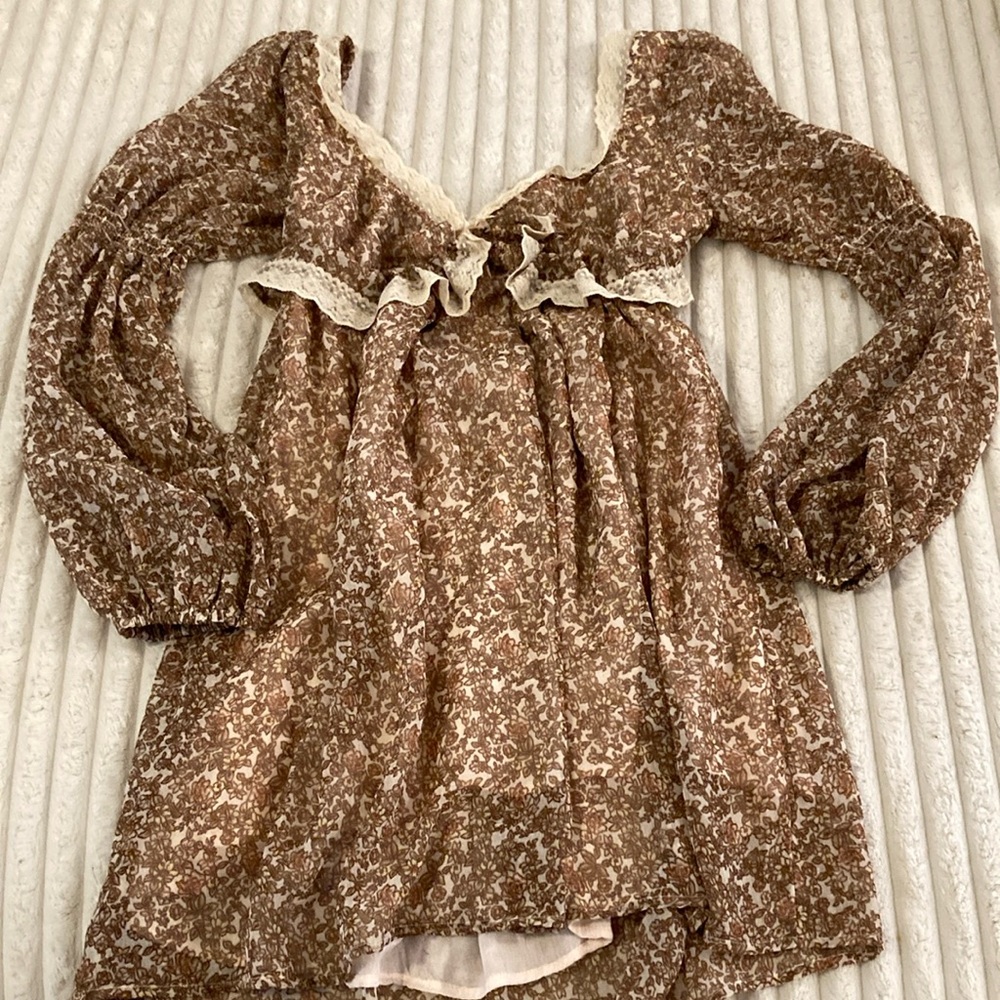 Free People Brown Smocked Long Sleeve Blouse